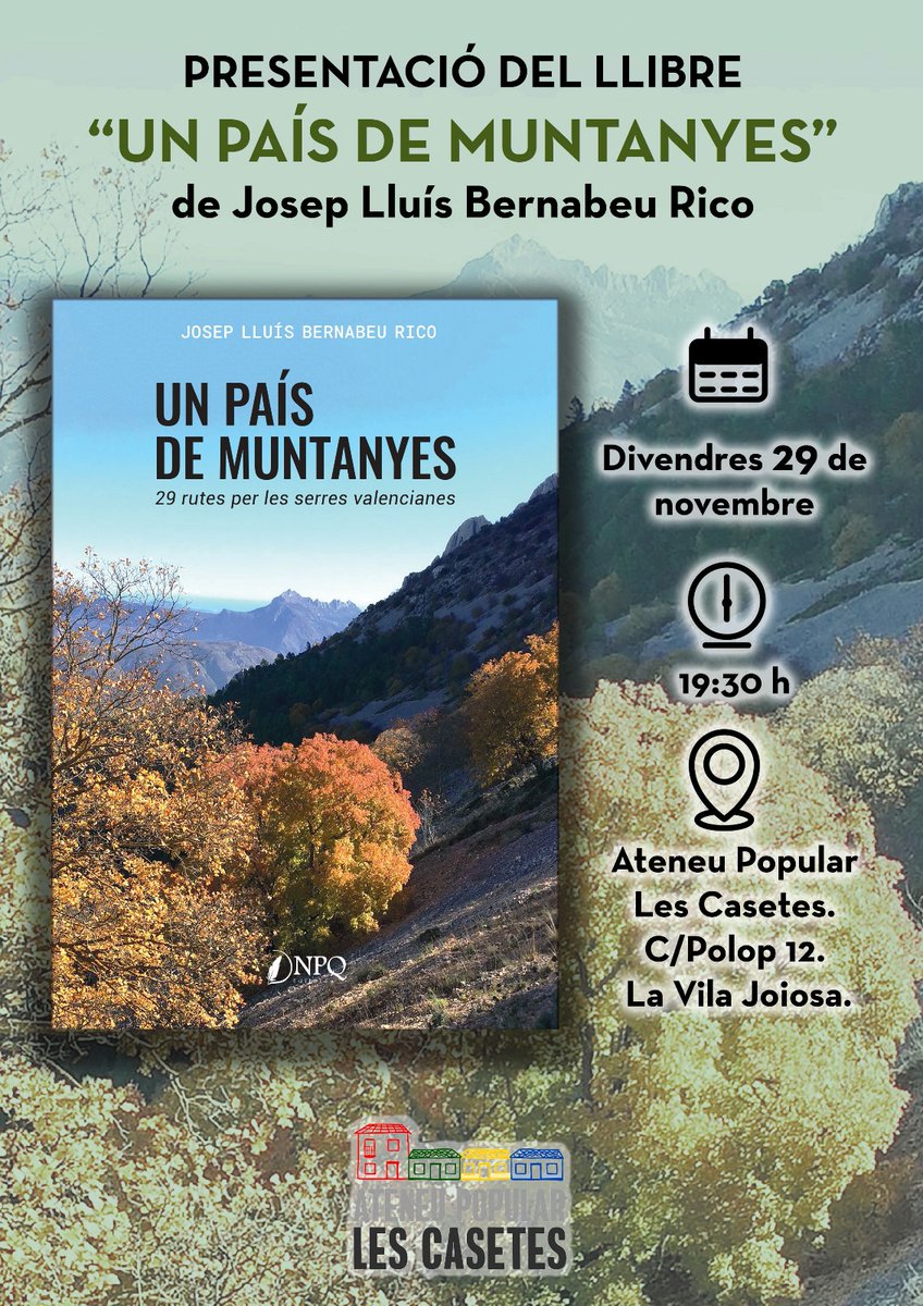 🗓️⛰️ El divendres 29 de novembre comptarem a l'Ateneu amb la presència de Josep Lluís Bernabeu Rico, que vindrà a presentar el seu llibre 'Un país de muntanyes'. 

L'autor fa un complet repàs d'algunes rutes imprescindibles per les nostres serres de sud a nord del País Valencià.
