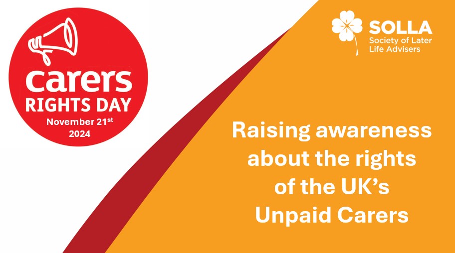 Today is #CarersRightsDay, raising awareness about the rights of the UK’s 5.7 million unpaid carers. Helping them to get the support they need and the recognition they deserve. At SOLLA we support better conversations about care in later life. <a href="/CarersUK/">Carers UK</a>  bit.ly/3CpqXJx