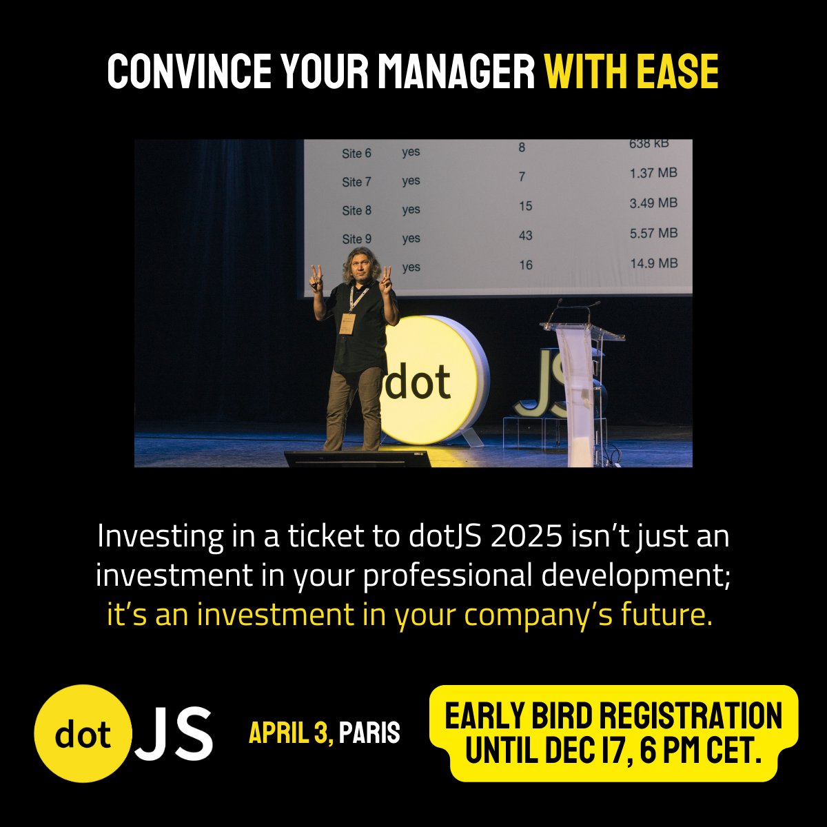 dotJS's tweet image. 🤔 Dreaming of joining #dotJS2025 but unsure how to get your ticket covered?

Now’s the perfect time to act—early bird registration ends December 17! 💸 

This gives you the ideal opportunity to convince your manager why attending is a smart investment. Here’s how you can make…