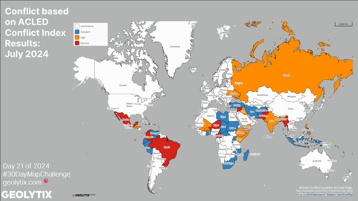 🗺#30daymapchallenge🌎
Day 21: Conflict

Will discovered the global conflict mapping using conflict indexing - a score ranking a nations "deadliness" through its danger to civilians, geographic diffusion, and armed group fragmentation.

#ACLED #Conflict