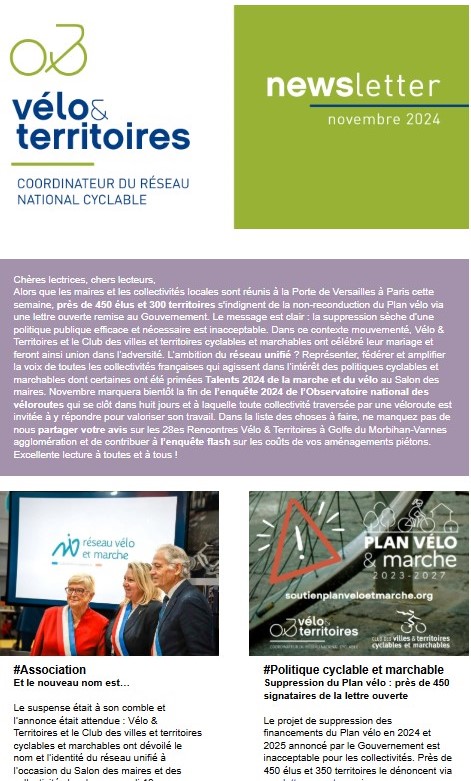 📨 La newsletter de novembre de Vélo &amp; Territoires vient de paraître.
👉 Excellente lecture à toutes et à tous : mailchi.mp/velo-territoir…