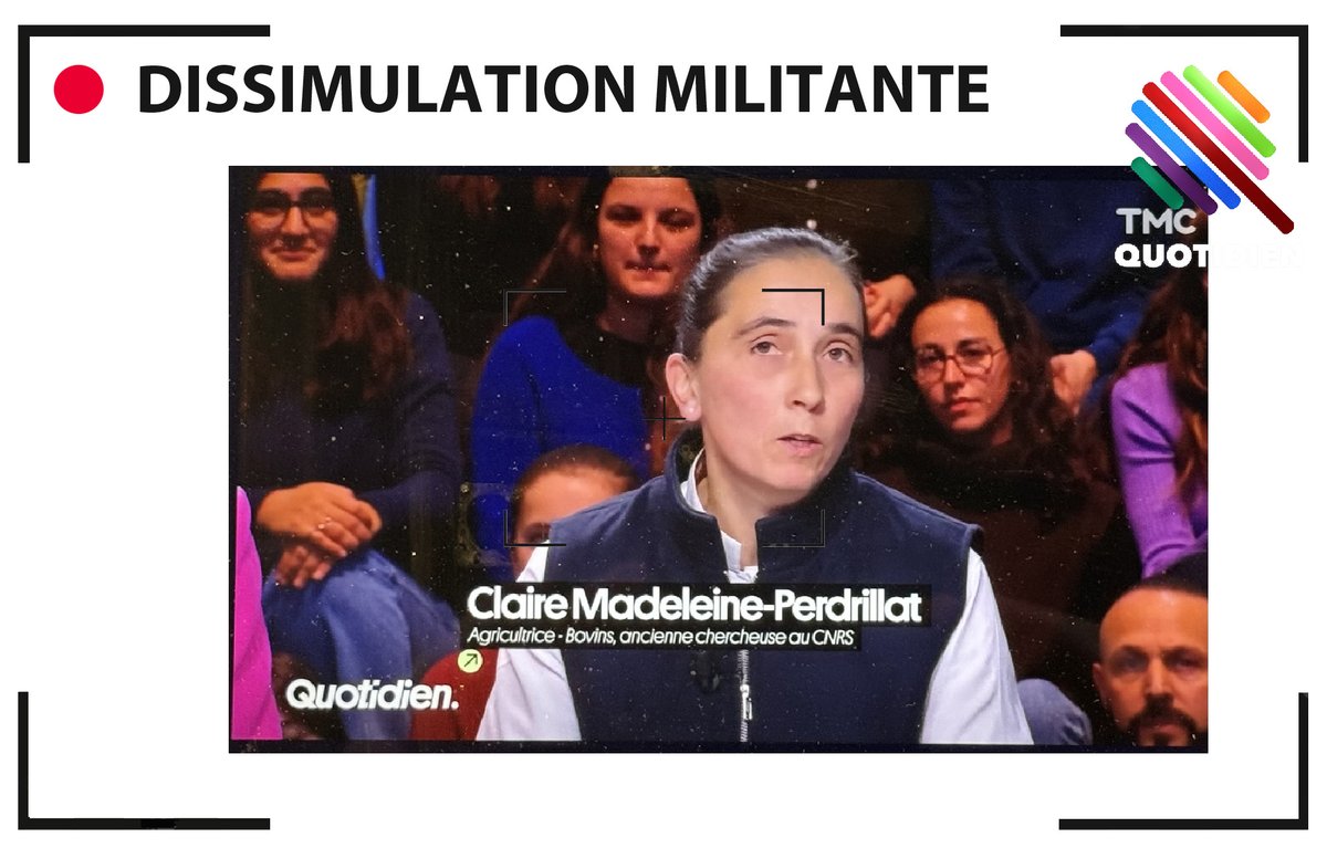 medias_citoyens's tweet photo. DISSIMULATION MILITANTE - Pour la seconde fois en une semaine, l'émission Quotidien (TMC) dissimule une militante dans ses invités en la faisant passer pour une experte neutre. Le 12 novembre, il s'agissait de Anne-Laure Delatte présentée par Yann Barthès comme simple "directrice de recherche au CNRS" tandis qu'elle milite activement pour le NFP. Ce mercredi 20 novembre, c'était au tour de Claire Madeleine-Perdrillat, ancienne du CNRS reconvertie dans l'agriculture bio, de passer pour une simple agricultrice tandis qu'il s'agit d'une militante active liée aux gauches radicales. Elle a notamment participé à l'émission activiste "Sur le front" d'Hugo Clément (France 5) consacrée aux "dessous des fromages industriels". Le Nouvel Obs, pourtant à gauche, évoque la personne en ces termes : "d'agricultrice militante [qui] guide Hugo Clément dans ce reportage."

Cette personne a bénéficié du temps de parole le plus long parmi les 4 agricultrices en plateau, elle a pu dérouler sans aucune interruption et sans contradiction ses éléments de langage liés à "l'agro-industrie". Elle a récité, avec la bénédiction de l'animateur Barthès, les poncifs de l'écologie militante sans apporter de chiffres éprouvés : la pollution et l'appauvrissement des sols, la pollution de l'eau, l'épandage à proximité des habitations... Elle a même même pu en profiter pour glisser le vocabulaire des gauches radicales en associant l'agriculture à la notion de "bien commun".

Ces tricheries et dissimulations répétées, de la part de la rédaction de Quotidien, ne sont pas sans rappeler celles à l'oeuvre au sein des médias publics (toujours au profit du NFP et des gauches radicales). Ces agissements militants n'ayant rien à faire dans une émission informative qui se veut impartiale, nous saisissons l'Arcom en demandant l'ouverture d'une enquête.

@Arcom_fr @datirachida @ThThuillier @GeWoessner