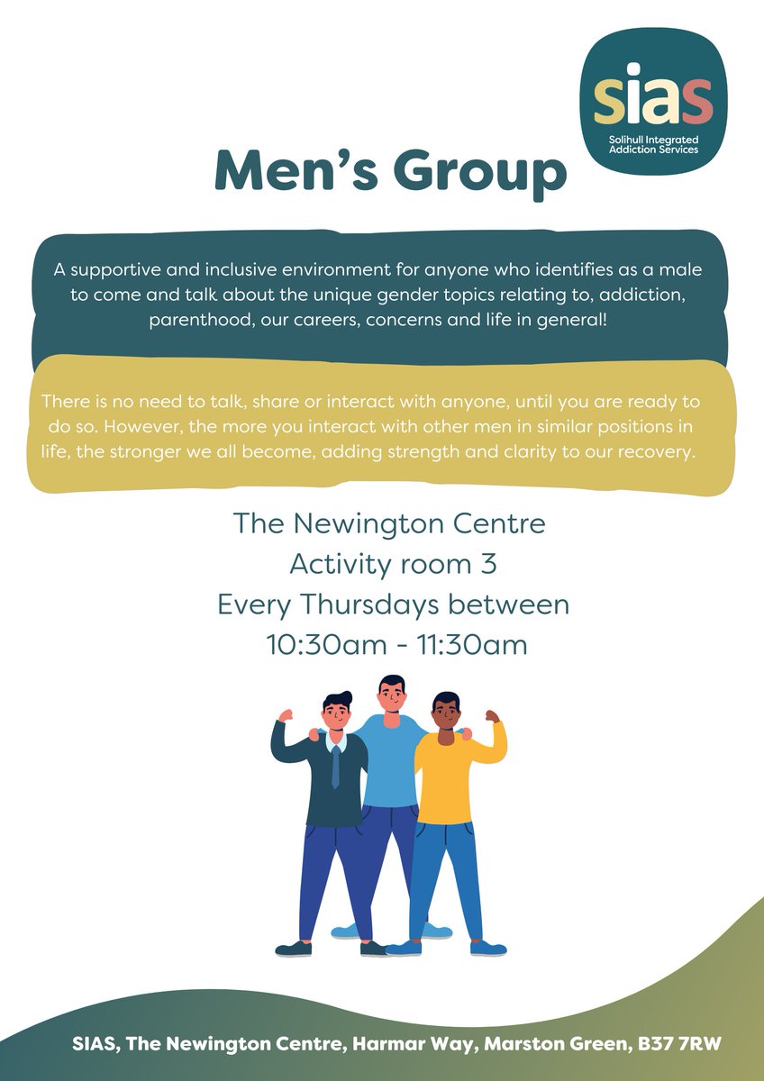 We have a Men's Group every Thursday between 10:30am - 11:30am. This is a supportive &amp; inclusive environment for anyone who identifies as a male to come and have a chat! 
#Mensgroup #SIAS #Thenewingtoncentre