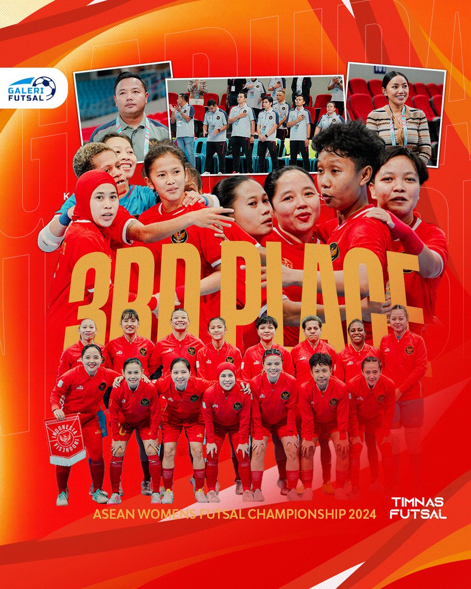 🥉THIRD PLACE

Timnas Futsal Putri berhasil mengamankan posisi ketiga di turnamen ASEAN Womens Futsal Championship 2024.

Selamat Garuda Pertiwi 🇮🇩🦅

#GaleriFutsal #TimnasFutsal #ASEANWomensFutsal