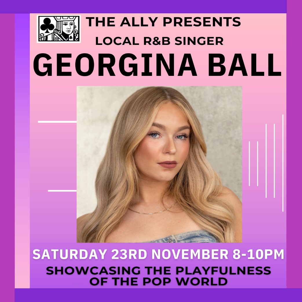 Look who’s singing at The Ally this Saturday!
Celebrating the playfulness of the pop world, RnB singer Georgina Ball will be upstairs at The Ally from 8-10pm
#Evercreech #Bruton
#Shepton #Wincanton
#CastleCary #Glastonbury