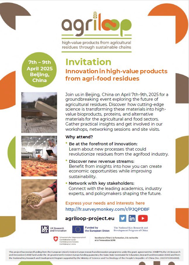 Join the <a href="/Agri_Loop/">AgriLoop Project</a> project in Beijing, China on 7-9 April 2025 for a groundbreaking event exploring the future of agricultural residues! 🍅🌾♻️