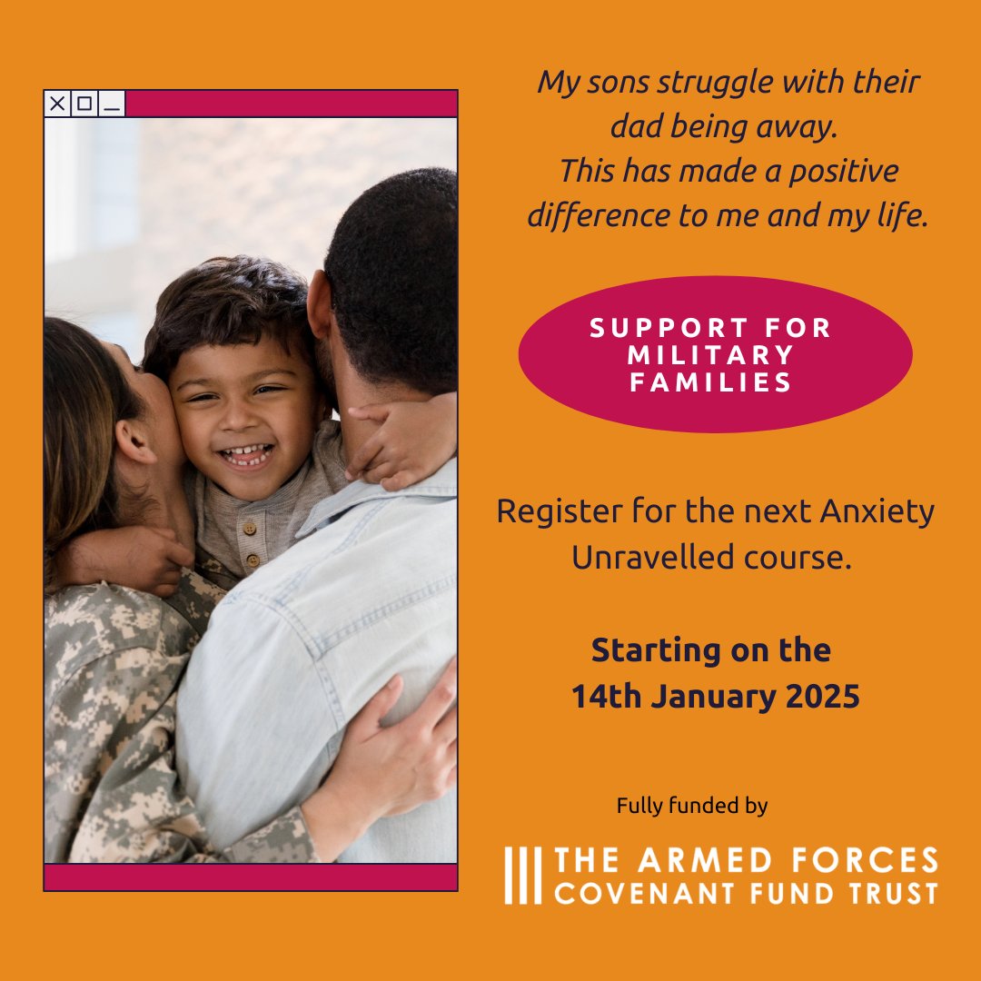 Bounce Forward (@bounceforward) on Twitter photo Supporting military parents and their children.
A three-session online course, starting on 14th January.
Anxiety Unravelled
Find out more and register here us06web.zoom.us/webinar/registโฆ
<a href="/CovenantTrust/">Armed Forces Covenant Fund Trust</a> <a href="/NHSArmedForces/">NHS Armed Forces Health</a> @TheRipplePond Supporting military parents and their children.
A three-session online course, starting on 14th January.
Anxiety Unravelled
Find out more and register here us06web.zoom.us/webinar/registโฆ
<a href="/CovenantTrust/">Armed Forces Covenant Fund Trust</a> <a href="/NHSArmedForces/">NHS Armed Forces Health</a> @TheRipplePond