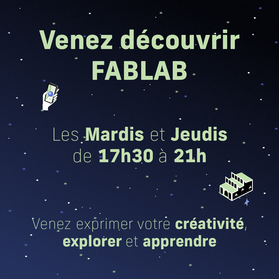 Les mardis et les jeudis, venez exprimer votre créativité tout en explorant et en vous initiant à utiliser les machines à commandes numériques lors des ouvertures FabLab !

Nous sommes impatient·es de vous voir et de commencer des projets ensemble 😉

🕓 De 17h30 à 21H !