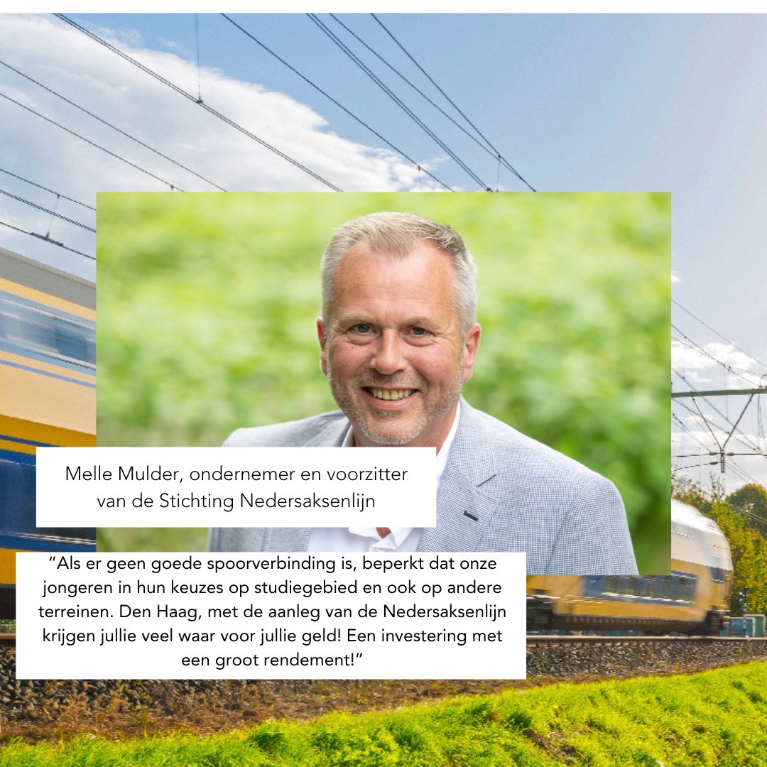 🚈Deze week delen wij verhalen van inwoners uit onze regio voor wie de Nedersaksenlijn en de Lelylijn van grote betekenis zou kunnen zijn.  
👉Volgens Melle Mulder, zal de Nedersaksenlijn de regio een enorme stimulans geven en onze inwoners – van jong tot oud – een betere