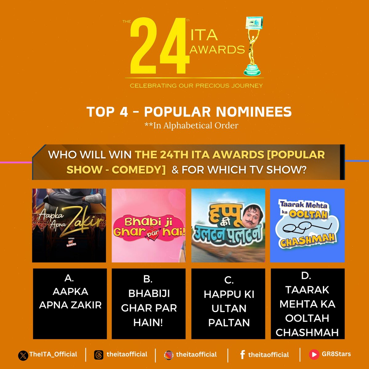 #ITAAwards (@theita_official) on Twitter photo Top 4 Nominees - Popular Show Comedy TV
<a href="/AndTVOfficial/">andtvofficial</a> <a href="/sabtv/">Sony SAB</a> <a href="/SonyTV/">sonytv</a>  
#ITAAwards #ITA2024 Top 4 Nominees - Popular Show Comedy TV
<a href="/AndTVOfficial/">andtvofficial</a> <a href="/sabtv/">Sony SAB</a> <a href="/SonyTV/">sonytv</a>  
#ITAAwards #ITA2024
