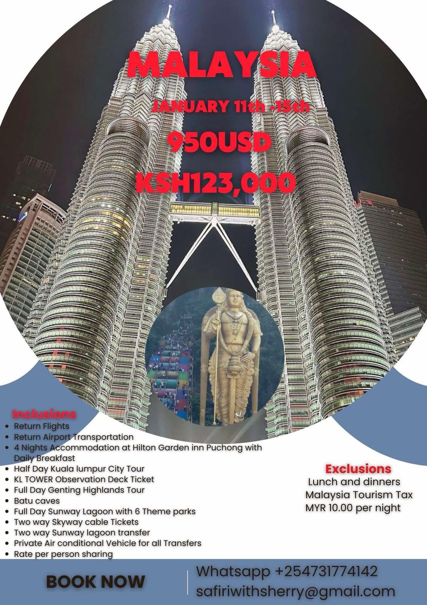 Let’s go to Malaysia at onlt 123,000ksh .
