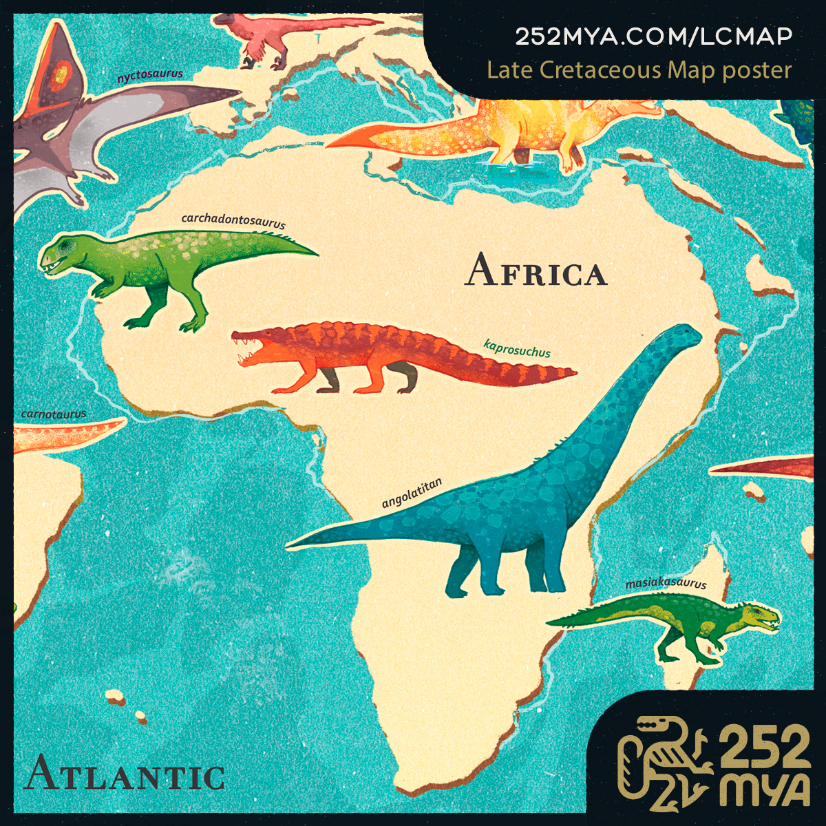 Land masses at the end of the Cretaceous were beginning to look familiar but were inhabited by now-extinct beasts. Decorate your room with this illustrated map of odd creatures from a bygone era.

252mya.com/lcmap

Art by @Tritrichoupi

#fossils #paleontology