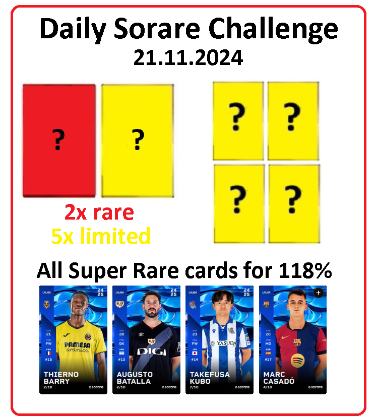 Its time for Daily <a href="/Sorare/">Sorare</a> Challenge 21.11.2024 📢

1⃣ Swap all my Super Rare Cards for 118% of Your cards value. 😍
2⃣ 2 x Rare + 5 Limited Cards for 7 random people who make at least one transaction with me within 24 hours! 😎
3⃣🆓4x Limited cards for 4 random people - just