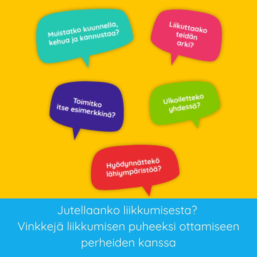 🔎 TIEDETORSTAI 
Piilo-tutkimuksen liikemittausten mukaan lapset liikkuivat varhaiskasvatuspäivinä noin puoli tuntia enemmän kuin vapaapäivinä.

Miten jutella liikkumisesta perheiden kanssa🤔 Tutustu liikkumisen puheeksi ottamisen -työkaluun: liikkuvavarhaiskasvatus.fi/tukimateriaali…