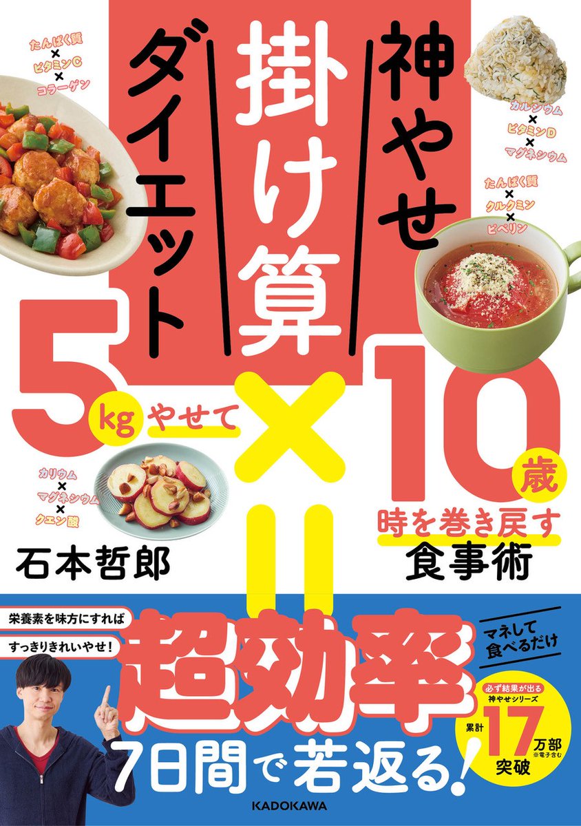 ishimoto14's tweet photo. シリーズ累計17万部＆アマゾンランキング総合1位をとった #神やせ の進化版が12月5日に発売!
「神やせ掛け算ダイエット 5kgやせて10歳時を巻き戻す食事術」
中身が更に進化!Amazonさんの口コミが計2700件を超えた誰かに伝えたくなるほど結果が出た神やせの進化版！栄養素の掛け算によるとんでもない効果を体験して欲しい!

今作の売りをまずは3つ紹介！
【その1、書籍に書かれた内容を7日間真似するだけ！】
神やせの評価が高かった理由の一つである

とにかく簡単！ただ書かれた食事内容を真似するだけで結果がでること

はしっかりと踏襲しております！
ほぼコンビニ食で揃うゆるプランと、少し手間とお金が掛かっても良いから絶対に結果を出したい方向けのガチプランの２つからお選びいただけます！

【その２、ただ痩せるだけではなく若々しさもゲットできる！】
一般的なダイエット本は体脂肪を落とすことがメインで摂取カロリーがどうとか、脂質や糖質がどうとかがメイン。もちろんそれも大事！
しかしながら30代後半、40代ともなってくるとただ痩せることだけに注力すると老け感やギスギス感が出たり肌の質感が悪くなったり。
そんな悩みなんて吹き飛ばす！お任せください！
掛け算ダイエットは健康的に若々しく痩せることに特化した食事術なのです！

【その３、きっちりダイエット効果が出る！】
僕が常々発信していること、それは

ダイエットを成功させたいなら健康的なぽっちゃりさんになるな！

ということ。健康も若々しさも大事。だからあれも食べなきゃこれも食べなきゃ、無理したら身体に悪いから。もちろん分かります。
でもね、ダイエットをしている大半の方は”ダイエットの結果”を出したいと思っているはず！掛け算ダイエットは健康効果、若返り効果、痩せ効果の全てを叶えるメソッドになっております！

というわけで今日はここまで！また少しずつ情報を解禁していきたいと思います♪

＊注意
今作は初版がちょっと少な目で早く予約を入れないと手に入るのがかなり遅くなる可能性があるのでぜひアマゾンさんでお早めにご予約してみて下さいね♪
＜商品」リンクはこちら＞
https://t.co/iJcbSH5M5f

もちろん・・書籍発売に合わせたみんなで一緒にダイエットを成功させよう的な企画もあります！（参加して結果を出せば豪華賞品が、、、体脂肪が減って若々しくなって賞品も貰えるなんて素敵やん？）

1年に一回のお願い！！
たくさんの方に健康的な正しいダイエット法を知って欲しいのでリツイートやいいねしてもらえたら泣いて喜びます！フォロワーの皆さま、いつも本当にありがとうございます！！

＜今回使用するハッシュタグは掛け算ダイエットです＞
#掛け算ダイエット