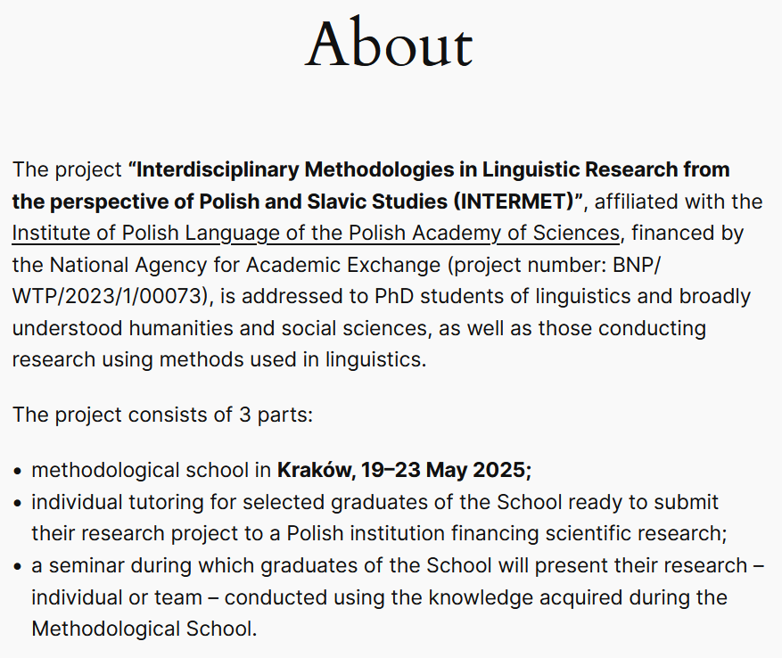 🌟Calling all PhD students! Join the exciting INTERMET workshop!

📅May 19–23, 2025
📍  Kraków, Poland

🔍Dive into: #Typology #Geolinguistics #BigData #LanguageAcquisition

💸Free participation – don’t miss out!

⏳ Apply by November 25!

👉Details: intermet.ijp.pan.pl