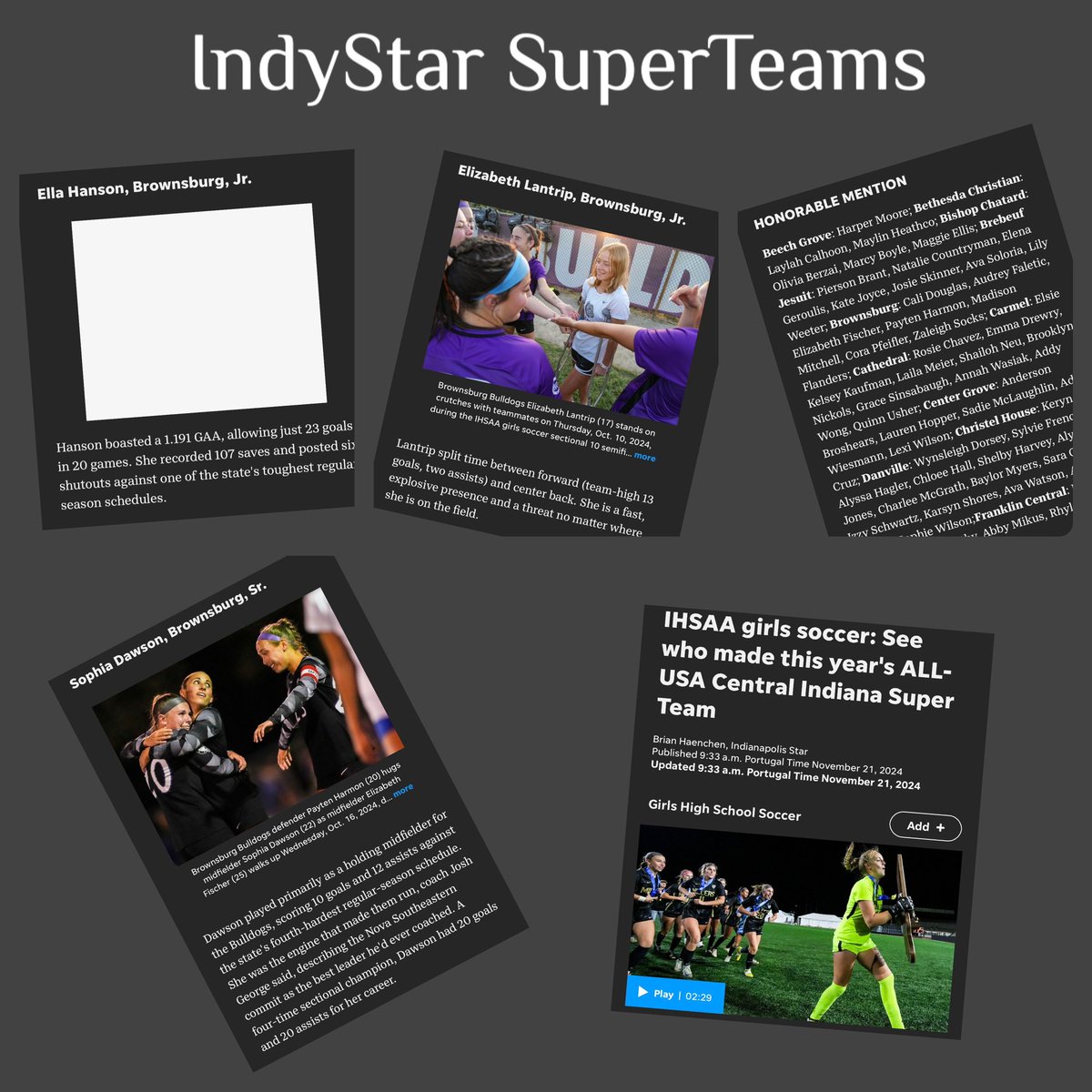 IndyStar SuperTeams release! Congrats to the following players: 

Sophia Dawson-1st Team 
Ella Hanson-2nd Team 
Elizabeth Lantrip-3rd Team 
Payten Harmon, Liz Fischer, Audrey Faletic, Cali Douglas, Cora Pfeifler, Zaleigh Socks, Madison Mitchell All Honorable Mention! #WORK.