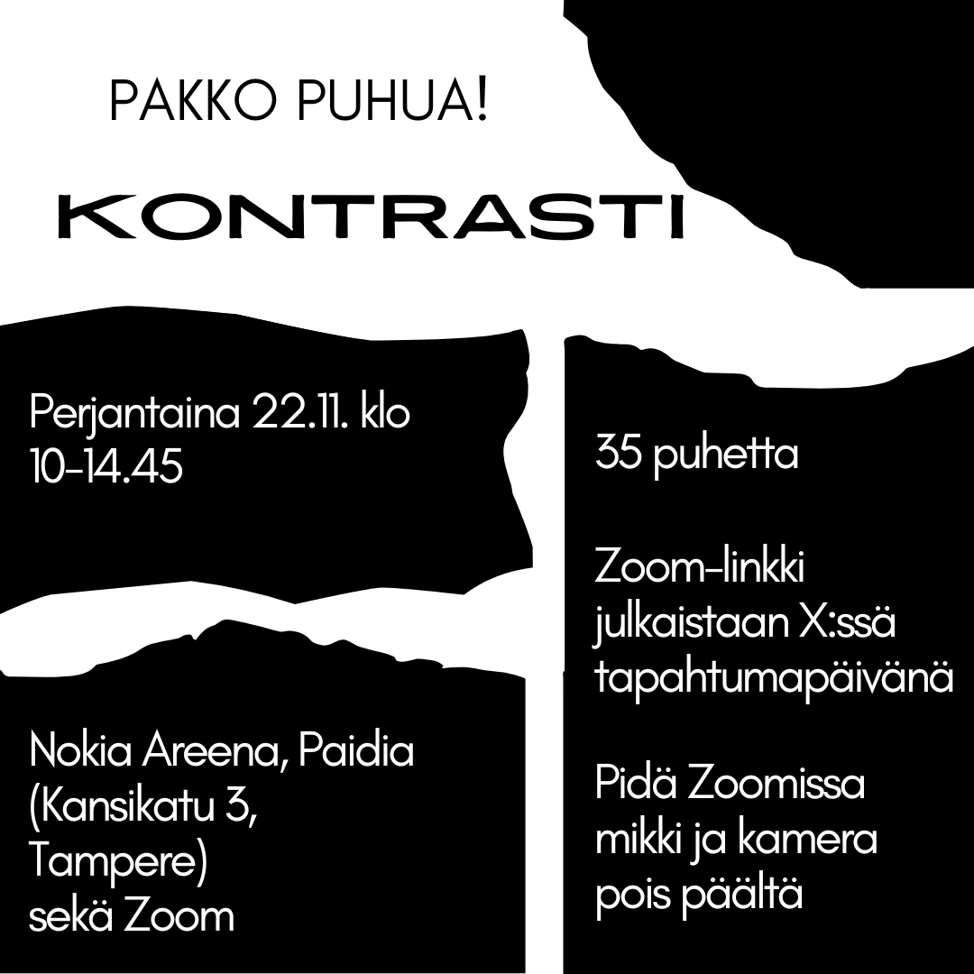 Huomenna on pääpäivä! Tule kuuntelemaan vuoden mielenkiintoisimpia ja vaikuttavinpia puheita 🗯

Tässä vielä viime hetken vinkit osallistujille.

#pakkopuhua #viestintä #tampereenyliopisto #kontrasti