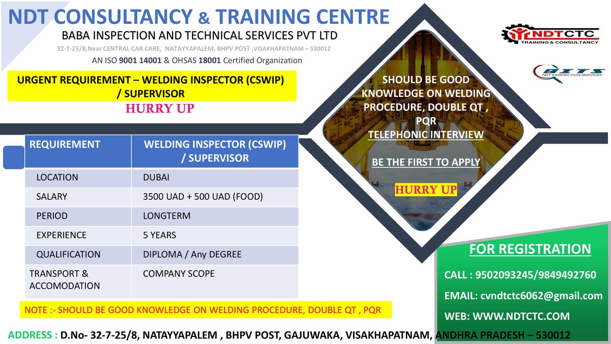 NDTCTC_'s tweet photo. Join with us using this links to get NDT requirements
Whatsapp
https://t.co/kVF3781m9p
https://t.co/cPgFDergQy
contact number +91 9502093245 / 9849492760 / 9676361656
mail Id cv6062@gmail.com ( mention for what position you are applying )
#onlinetraining
#ndttraining https://t.co/qRZSCjEsEF