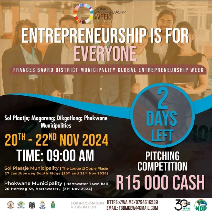 PIdigitalagency's tweet image. Final day tomorrow to attend the Global entrepreneurship week with the Frances Baard District Municipality . Empowering small businesses #projectinspire #BusinessGrowth #smmedevelopment #DigitalMarketplace #GlobalEntrepreneurshipweek.