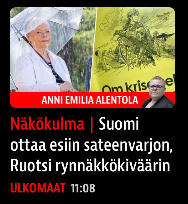 Viestinnän kansalliset erot: ”Samoin on varautumisoppaan kanssa: jos Suomesta lähetettäisiin noilla kuvilla, sisällöillä ja sanamuodoilla varustettu vihko, lukisin sen loppuun siellä väestönsuojassa.” iltalehti.fi/ulkomaat/a/150…