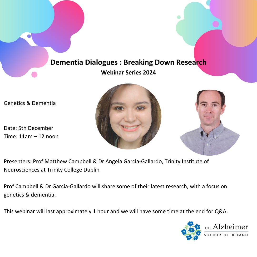 The Alzheimer Society of Ireland (@alzheimersocirl) on Twitter photo Join us for the next installment of the #DementiaDialogues: Breaking Down Research Webinar Series 2024, scheduled for 5th December at 11am. We're excited to have <a href="/mattcampbelltcd/">Matthew Campbell</a> & Dr Angela Garcia-Gallardo from <a href="/tcddublin/">Trinity College Dublin</a> to present on genetics & dementia. Register here: Join us for the next installment of the #DementiaDialogues: Breaking Down Research Webinar Series 2024, scheduled for 5th December at 11am. We're excited to have <a href="/mattcampbelltcd/">Matthew Campbell</a> & Dr Angela Garcia-Gallardo from <a href="/tcddublin/">Trinity College Dublin</a> to present on genetics & dementia. Register here: