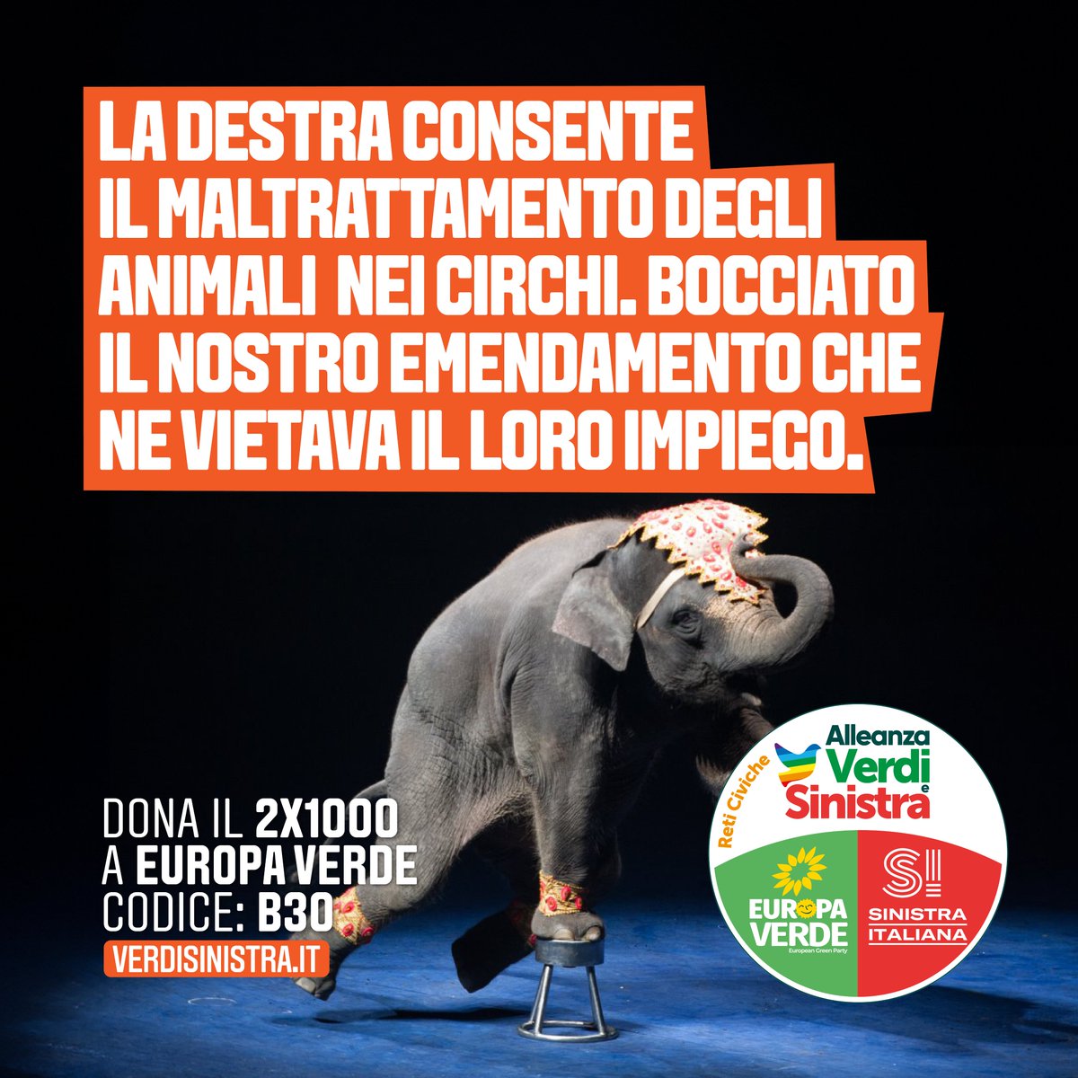 Europa Verde - Verdi (@europaverde_it) on Twitter photo Alla destra piace vedere gli animali nei circhi, una prassi superata dalla sensibilità collettiva.
Hanno infatti bocciato l’emendamento di Alleanza Verdi e Sinistra che ne avrebbe vietato da subito l’impiego.
Basta animali nei circhi, fermiamo questa barbarie.
<a href="/DevisDori/">Devis Dori</a> Alla destra piace vedere gli animali nei circhi, una prassi superata dalla sensibilità collettiva.
Hanno infatti bocciato l’emendamento di Alleanza Verdi e Sinistra che ne avrebbe vietato da subito l’impiego.
Basta animali nei circhi, fermiamo questa barbarie.
<a href="/DevisDori/">Devis Dori</a>