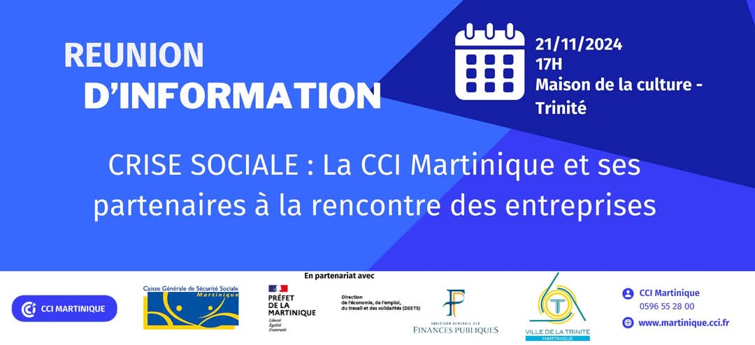 Ville de La Trinité Martinique (@ville_trinite) on Twitter photo #Economie 📅 Jeudi 21 novembre, ⌚17h 🚩Maison de la culture A. Nicolas, la <a href="/CCIMartinique/">CCI Martinique</a> et ses partenaires (CGSS, DRFIP, DEETS) vous invitent à une réunion d'information sur les aides mobilisables afin de soutenir les entreprises suite à la crise sociale actuelle ☎️0596552800 #Economie 📅 Jeudi 21 novembre, ⌚17h 🚩Maison de la culture A. Nicolas, la <a href="/CCIMartinique/">CCI Martinique</a> et ses partenaires (CGSS, DRFIP, DEETS) vous invitent à une réunion d'information sur les aides mobilisables afin de soutenir les entreprises suite à la crise sociale actuelle ☎️0596552800