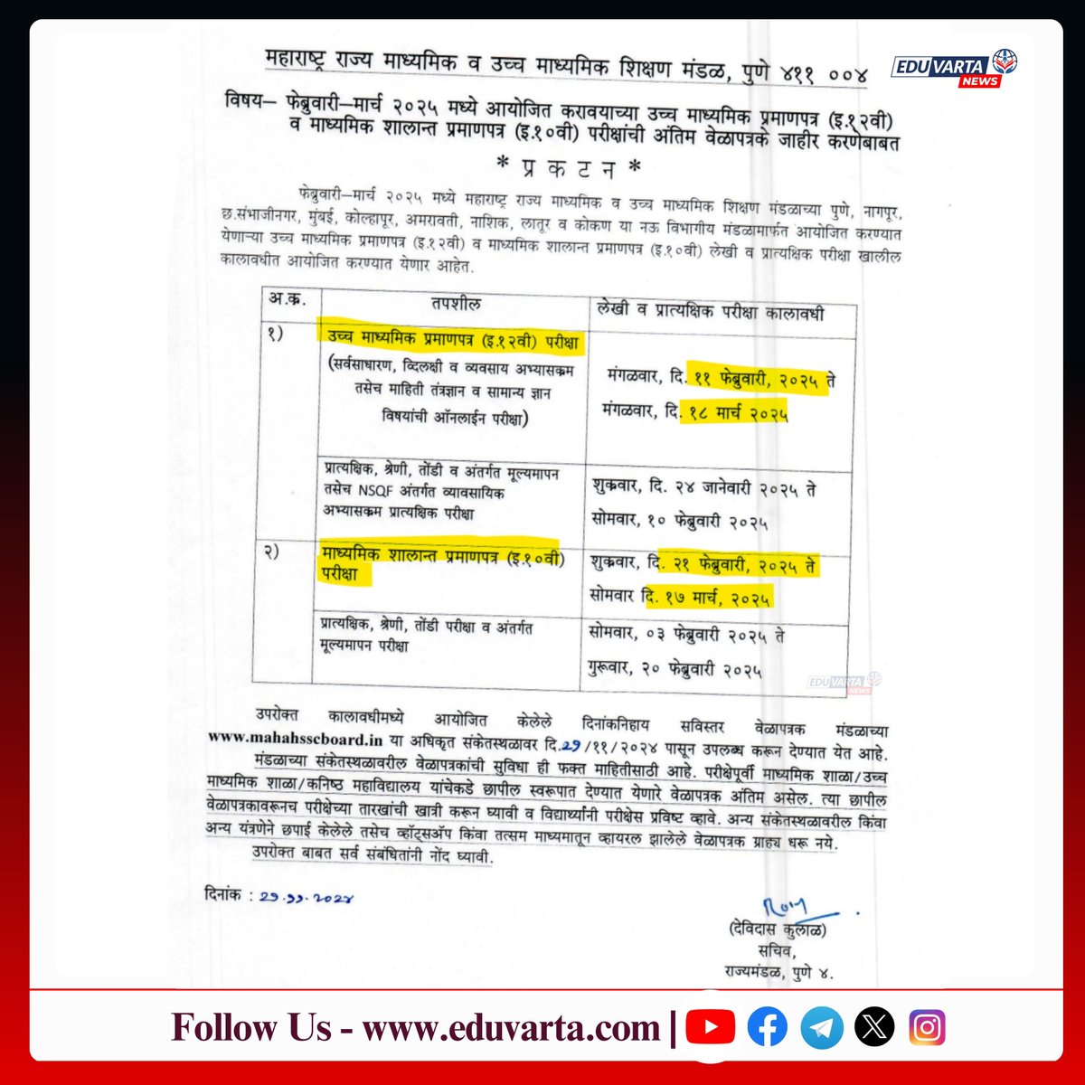 EduvartaNews's tweet image. दहावी-बारावी बोर्ड परीक्षांचे (SSC, HSC Board Exam २०२५) अंतिम वेळापत्रक जाहीर !  

सविस्तर वेळापत्रक - eduvarta.com/SSC-HSC-Exam-C… 

#SSCEXAM #HSCexam #hscexamtimetable #sscexamtimetable #hscexam2025 #eduvarta #maharashtra BIG BREAKING