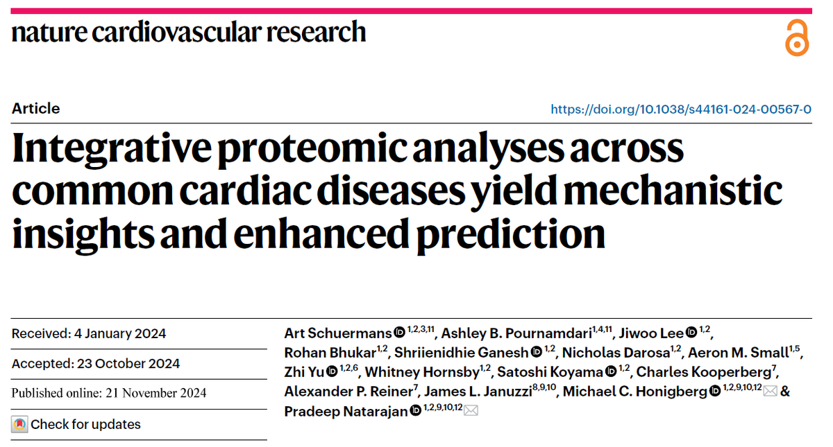 Art Schuermans (@artschuermans) on Twitter photo What does the circulating proteome teach us about common heart diseases?
Thrilled to share our analysis identifying new biomarkers, drug targets, and prediction models for these conditions.
Co-led by <a href="/APournamdari/">Ashley Pournamdari</a>, with <a href="/mchonig/">Michael Honigberg, MD, MPP</a> and <a href="/pnatarajanmd/">Pradeep Natarajan</a> nature.com/articles/s4416… (1/x) What does the circulating proteome teach us about common heart diseases?
Thrilled to share our analysis identifying new biomarkers, drug targets, and prediction models for these conditions.
Co-led by <a href="/APournamdari/">Ashley Pournamdari</a>, with <a href="/mchonig/">Michael Honigberg, MD, MPP</a> and <a href="/pnatarajanmd/">Pradeep Natarajan</a> nature.com/articles/s4416… (1/x)