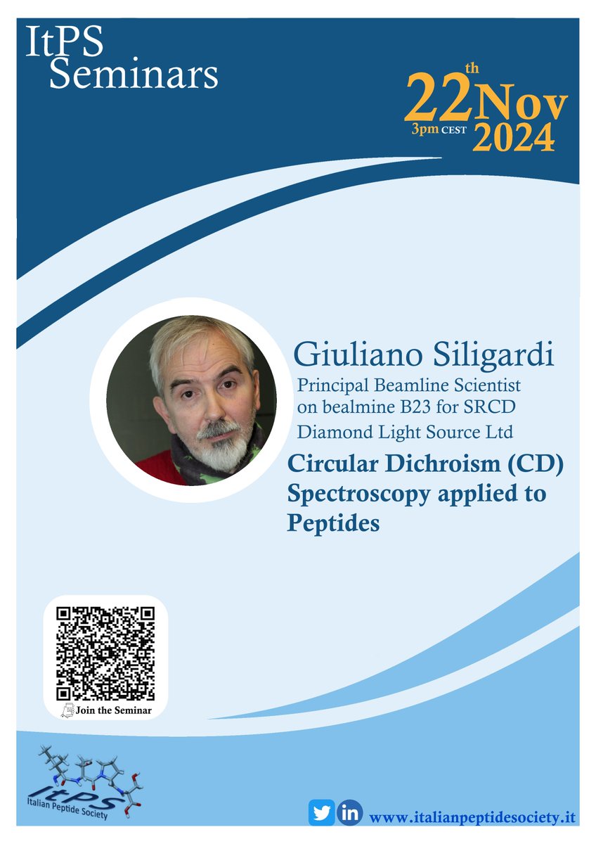 Italian Peptide Society (ItPS) (@itpeptsoc) on Twitter photo 🛎️ Tomorrow at 3 pm next #FridaySeminar!
We'll host Prof. Siligardi from <a href="/b23_diamond/">B23_Diamond</a> at <a href="/DiamondLightSou/">Diamond Light Source</a> ! 💎
Join our Zoom meeting to hear his 30-years experience in Circular Dichroism Spectroscopy applied to proteins and peptides!
See you there!! 💫
unibo.zoom.us/j/89696118312?… 🛎️ Tomorrow at 3 pm next #FridaySeminar!
We'll host Prof. Siligardi from <a href="/b23_diamond/">B23_Diamond</a> at <a href="/DiamondLightSou/">Diamond Light Source</a> ! 💎
Join our Zoom meeting to hear his 30-years experience in Circular Dichroism Spectroscopy applied to proteins and peptides!
See you there!! 💫
unibo.zoom.us/j/89696118312?…