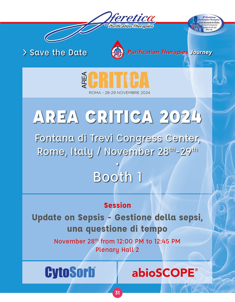 Join us at the Area Critica Congress 2024, from Nov 28ᵗʰ to Nov 29ᵗʰ in Rome!

Don’t miss our session &amp; visit us at Booth No.1. to learn more about our advanced therapeutic systems: #CytoSorb® &amp; #Abioscope®.

For further info, visit 👉 aferetica.com