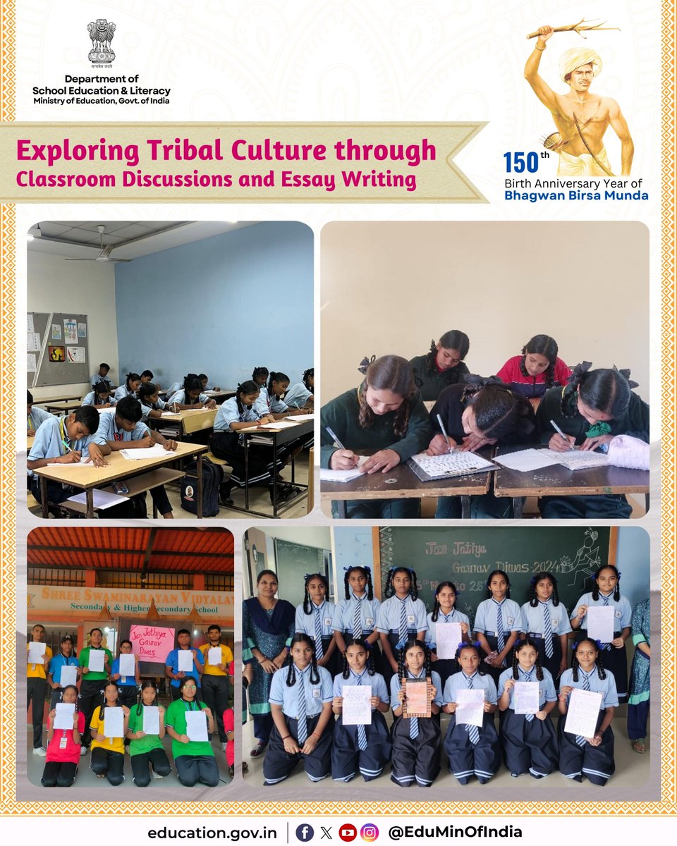 #JanjatiyaGauravPakhwara 
Schools across the nation engaged students in lively classroom discussions and essay writing on heritage of tribal communities. Under the guidance of their teachers, students delved into cultural richness, traditions and values of Janjatiya communities.