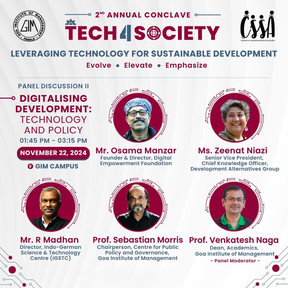 The second panel discussion, 'Digitalising #Development: #Technology and Policy,' will feature Mr <a href="/OsamaManzar/">OsamaManzar</a>, Founder of @def_india, Prof Sebastian Morris, Senior Professor at #GIM, Ms Zeenat Niazi, Senior VP @Dev_Alternatives &amp; Mr R Madhan, Director <a href="/INDOGSTC/">IGSTC</a>.

#MBA