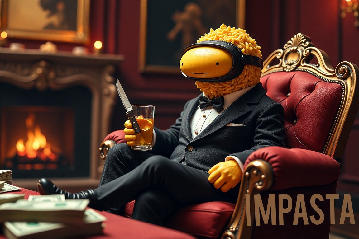 By the fire’s glow, the Impasta crafts his recipe for success. With a blade of resolve and a toast to bold ideas, every move is a calculated twist in his master plan.