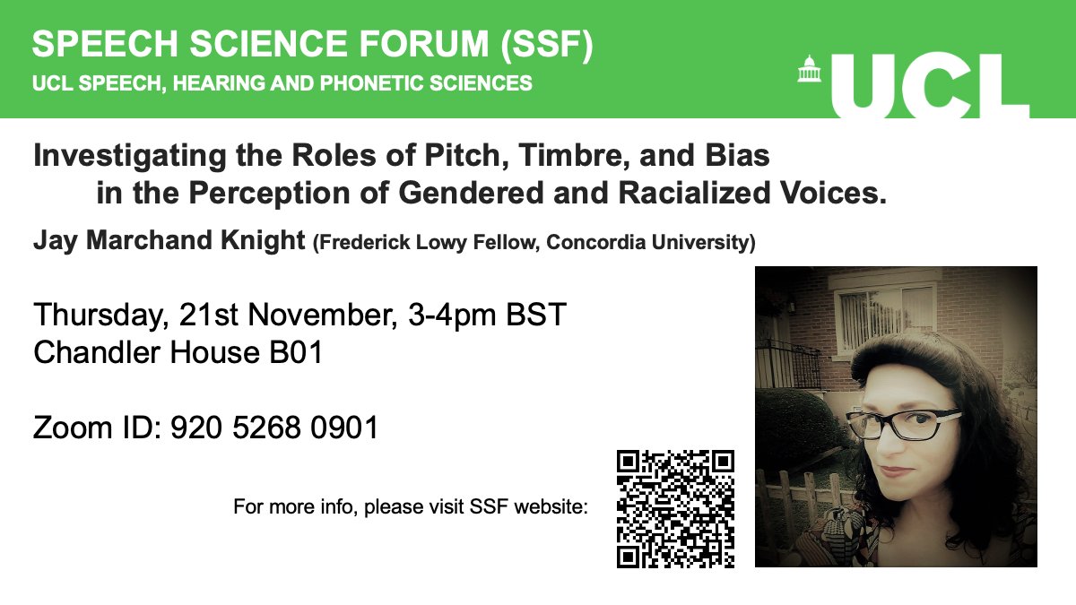 In today's talk, Jay Marchand Knight will tell us about their work investigating the perception of gendered and racialised voices.

Feel free to join us in-person at Chandler House (B01) or on zoom!!

More info:
ucl.ac.uk/pals/events/20…