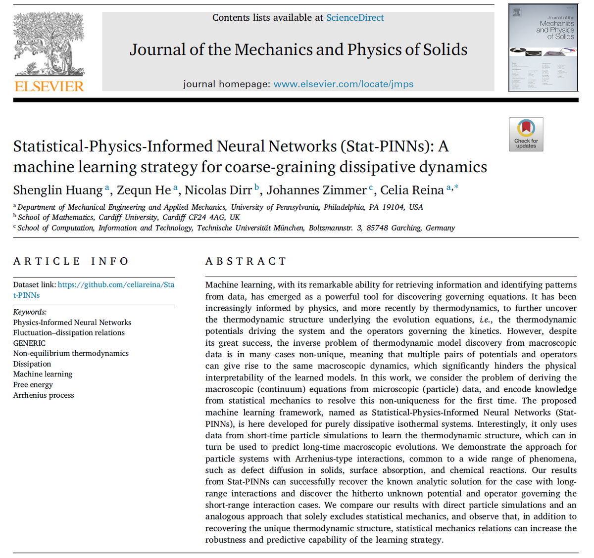 slhuang93's tweet photo. The last part of my PhD thesis is online in JMPS! We proposed Statistical-Physics-Informed Neural Networks (Stat-PINNs) to coarse-grain thermodynamic-consistent dissipative dynamics from stochastic particle data by using fluctuation-dissipation relation. https://t.co/yRQGpRuJzs https://t.co/p6ANQoHQV6