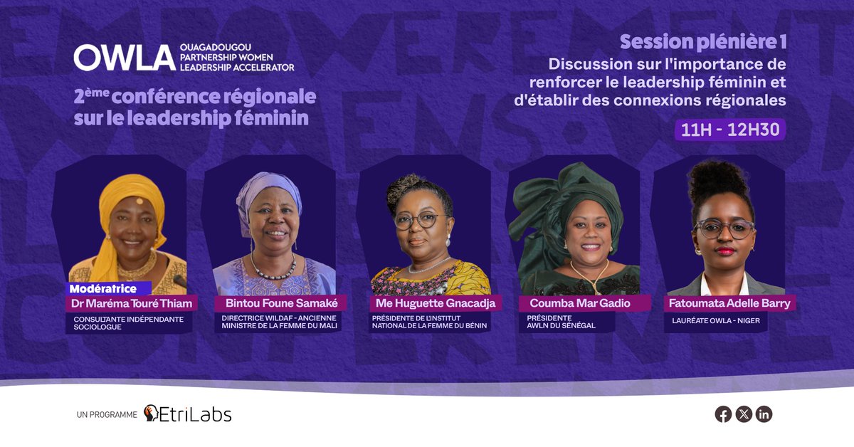 La 𝟮𝗲̀𝗺𝗲 𝗖𝗼𝗻𝗳𝗲́𝗿𝗲𝗻𝗰𝗲 𝗥𝗲́𝗴𝗶𝗼𝗻𝗮𝗹𝗲 𝘀𝘂𝗿 𝗹𝗲 𝗟𝗲𝗮𝗱𝗲𝗿𝘀𝗵𝗶𝗽 𝗙𝗲́𝗺𝗶𝗻𝗶𝗻, prévue pour le 2 décembre à Dakar, mettra en avant la question du leadership féminin et réunira des acteurs clés pour un échange d'idées et de solutions.

"𝘼𝙢𝙥𝙡𝙞𝙛𝙞𝙚𝙧