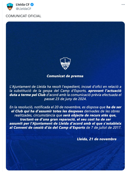 Juanjo Falcó (@juanjofalco) on Twitter photo Recordeu quan el passat estiu l'alcalde <a href="/flarrosa/">Fèlix Larrosa</a> i el seu regidor d'Esports <a href="/jacquiver/">Jackson Quiñonez</a> van amenaçar el <a href="/LleidaCF/">Lleida CF</a> per haver canviar la gespa del Camp d'Esports sense el seu permís? Recordeu que l'alcalde va dir que tothom, també el Lleida CF, havia de complir les normes i que Recordeu quan el passat estiu l'alcalde <a href="/flarrosa/">Fèlix Larrosa</a> i el seu regidor d'Esports <a href="/jacquiver/">Jackson Quiñonez</a> van amenaçar el <a href="/LleidaCF/">Lleida CF</a> per haver canviar la gespa del Camp d'Esports sense el seu permís? Recordeu que l'alcalde va dir que tothom, també el Lleida CF, havia de complir les normes i que