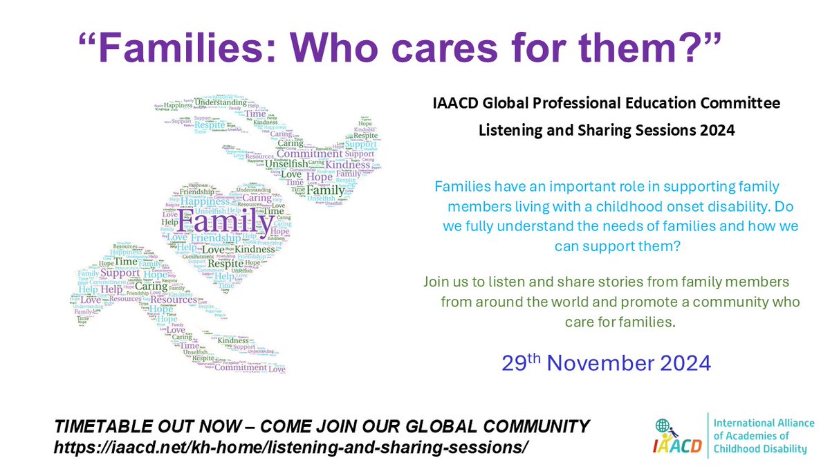 We are happy to invite you to join the IAACD Global Listening and Sharing Session on 29th November centered around the topic: "Families: Who cares for them?" 

You may find the full timetable for this free event with 27 different sessions here: iaacd.net/kh-home/listen…