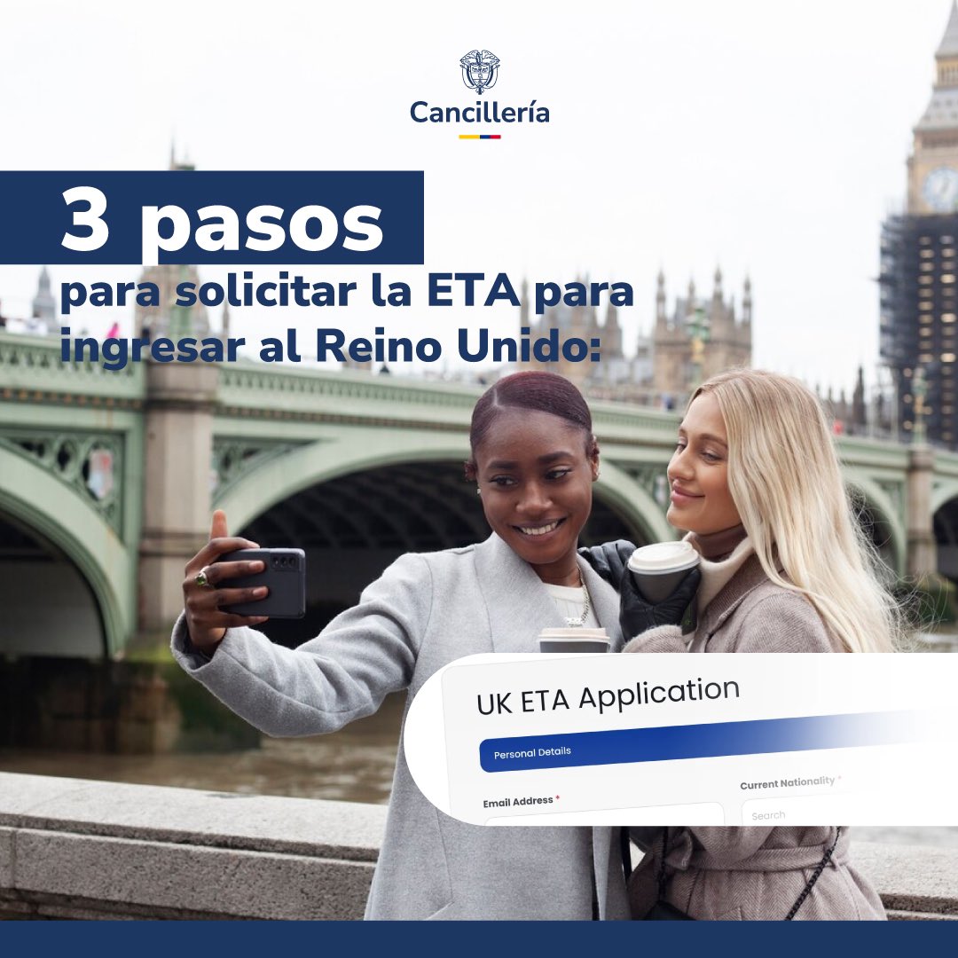 ColombianEmbUK's tweet photo. Conoce en tres pasos cómo solicitar tu Autorización Electrónica de Viaje (ETA) para ingresar al Reino Unido. Ten presente que este proceso estará disponible a partir del 27 de noviembre de 2024, para ingresar al Reino Unido desde el 8 de enero de 2025 https://t.co/Jsz07Eh69l