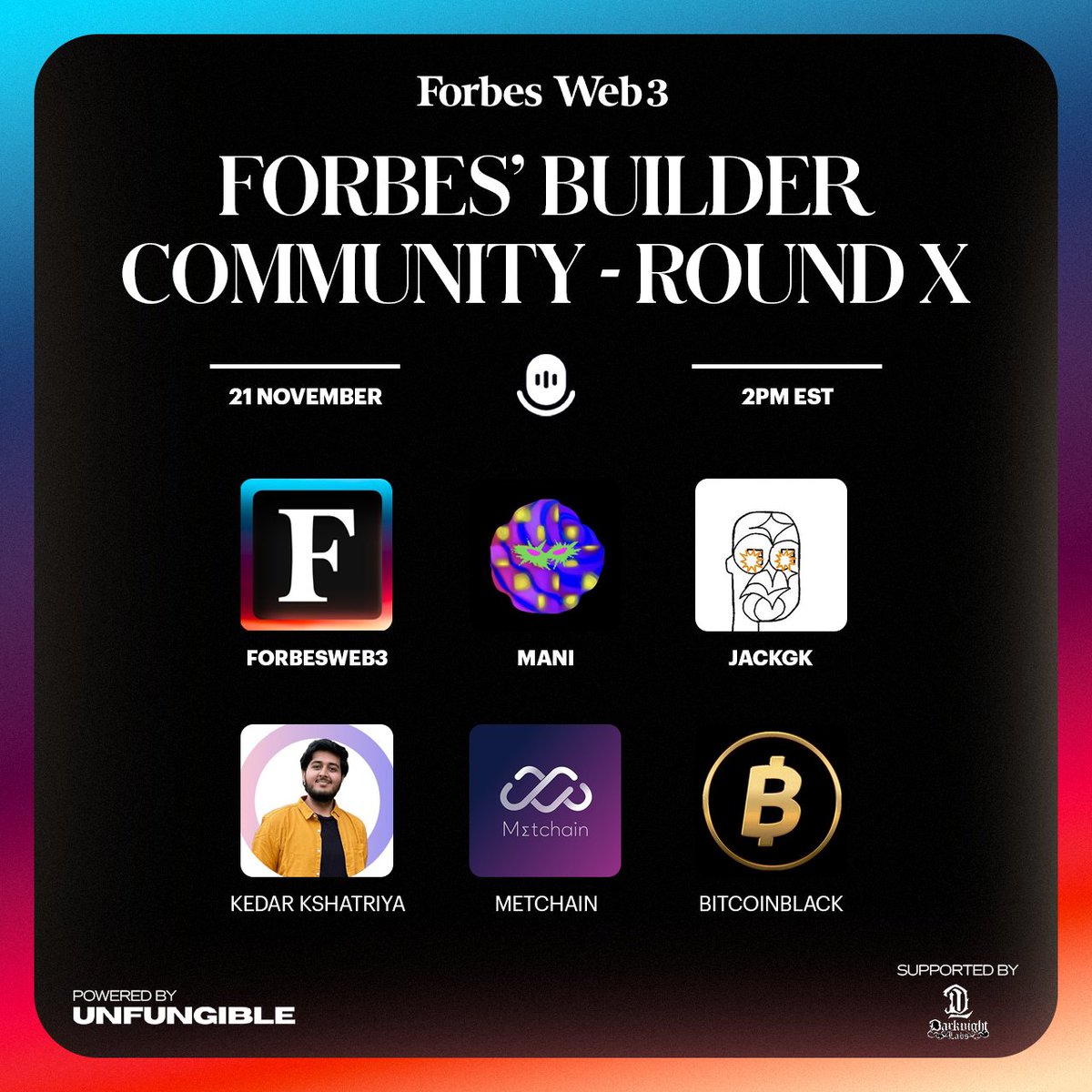 ForbesWeb3's tweet image. We&apos;re back with another spotlight on our Forbes Legacy Pass members 🏆   Join us today, Nov 21, at 2pm EST to hear what our members are building alongside @KedarK04 @MetChain_tech @btc_blackcard and @JackGK_BTC

Set your reminder
x.com/i/spaces/1OdKr…