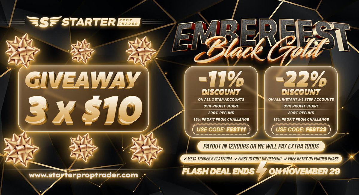 🔥 Starter Prop Trader Emberfest Black Gold Giveaway! 🔥

Get up to 22% off, 85% Lifetime Payout, 200% Refund, 15% Profit Share, and 12-Hour Payout Guarantee!

⚡ Register: bit.ly/40YItym and get $25 off
⚡ Follow: @starter_prop
⚡ Like &amp; Repost
⚡ Tag 3 friends

🗓️ Ends
