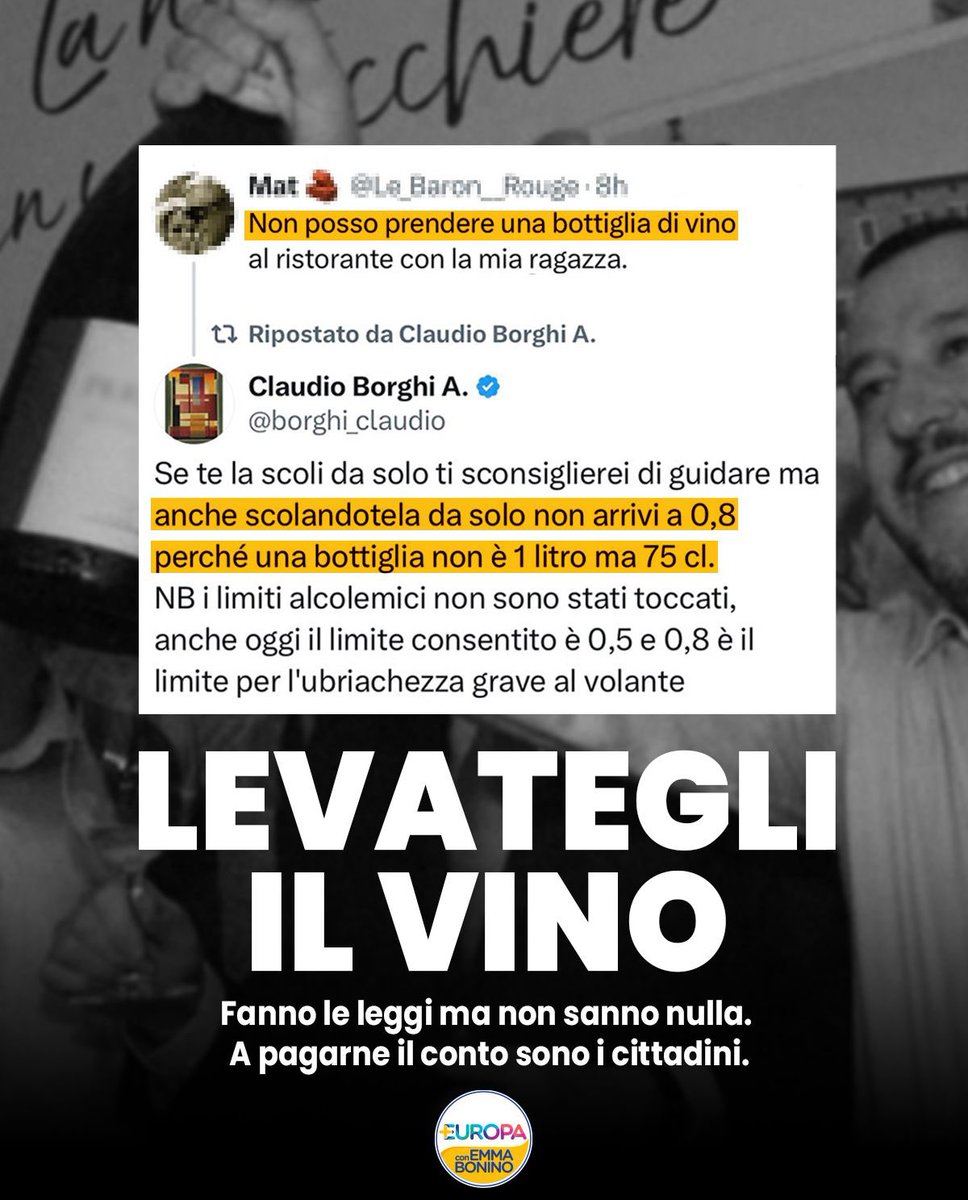 Piu_Europa's tweet image. Ti scoli 79 cl di grappa? Da oggi è tutto a posto, pare.

Secondo il senatore della Lega Claudio Borghi, il tasso alcolemico si misurerebbe non attraverso la concentrazione di alcol nel sangue (e dunque in grammi per litro di sangue), ma in litri di alcol.

Non volevamo crederci,
