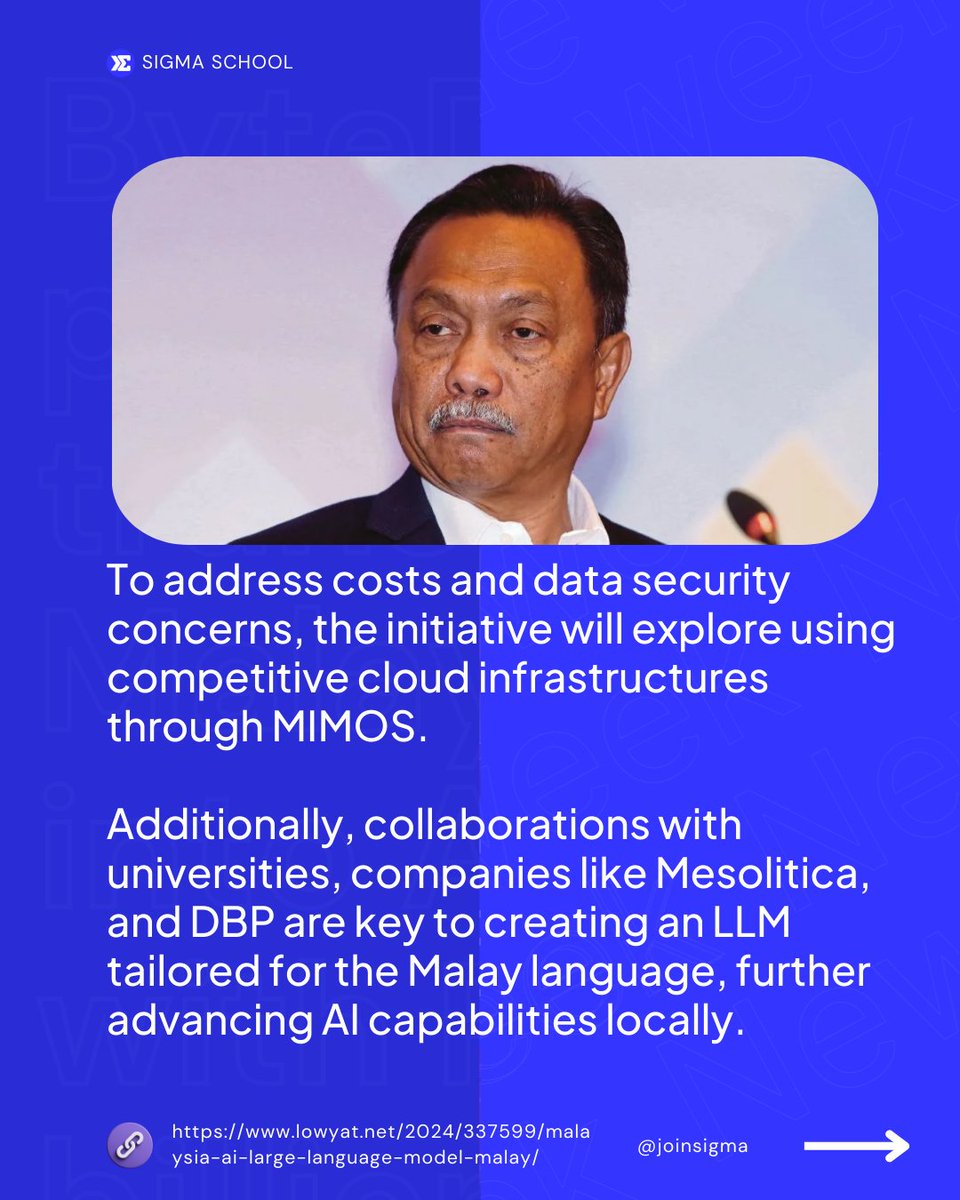 joinsigma's tweet image. Malaysia is crafting its own AI language model to empower local tech while preserving our values. 💡🇲🇾 #AIInnovation #LocalTech #EthicalAI