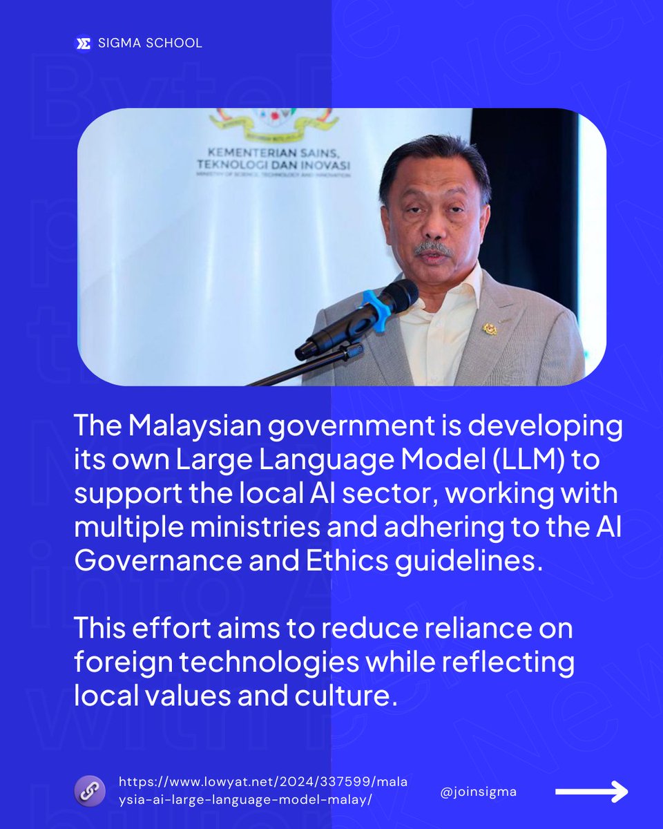 joinsigma's tweet image. Malaysia is crafting its own AI language model to empower local tech while preserving our values. 💡🇲🇾 #AIInnovation #LocalTech #EthicalAI