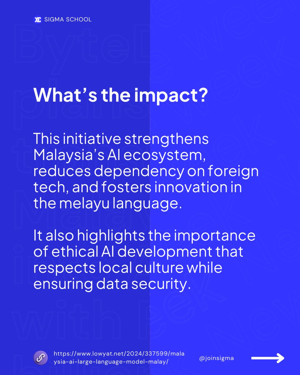 joinsigma's tweet image. Malaysia is crafting its own AI language model to empower local tech while preserving our values. 💡🇲🇾 #AIInnovation #LocalTech #EthicalAI