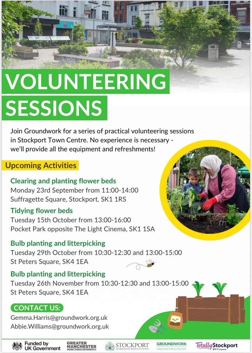 Groundwork have organised further sessions to bring environmental improvements to Stockport Town Centre. Here are the details 👇🏽
