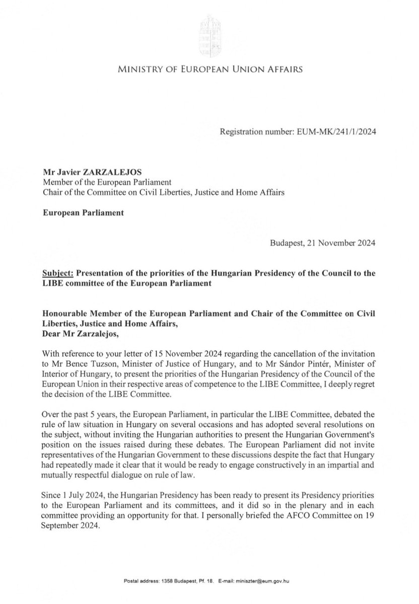 JanosBoka_HU's tweet photo. I deeply regret the decision of the @Europarl_EN @EP_Justice
regarding the cancellation of the invitation to Mr Bence Tuzson, Minister of Justice of Hungary, and to Mr Sándor Pintér, Minister of Interior of Hungary, to present the priorities of @HU24EU in their respective areas of competence to the LIBE Committee.

As #HU24EU we strongly objected to the LIBE Committee's approach to tie the presentation of Presidency priorities to another agenda item, which is unrelated. 
 
The Committee's regrettable decision is disrespectful towards the @EUCouncil as an institution and violates the principle of sincere cooperation.