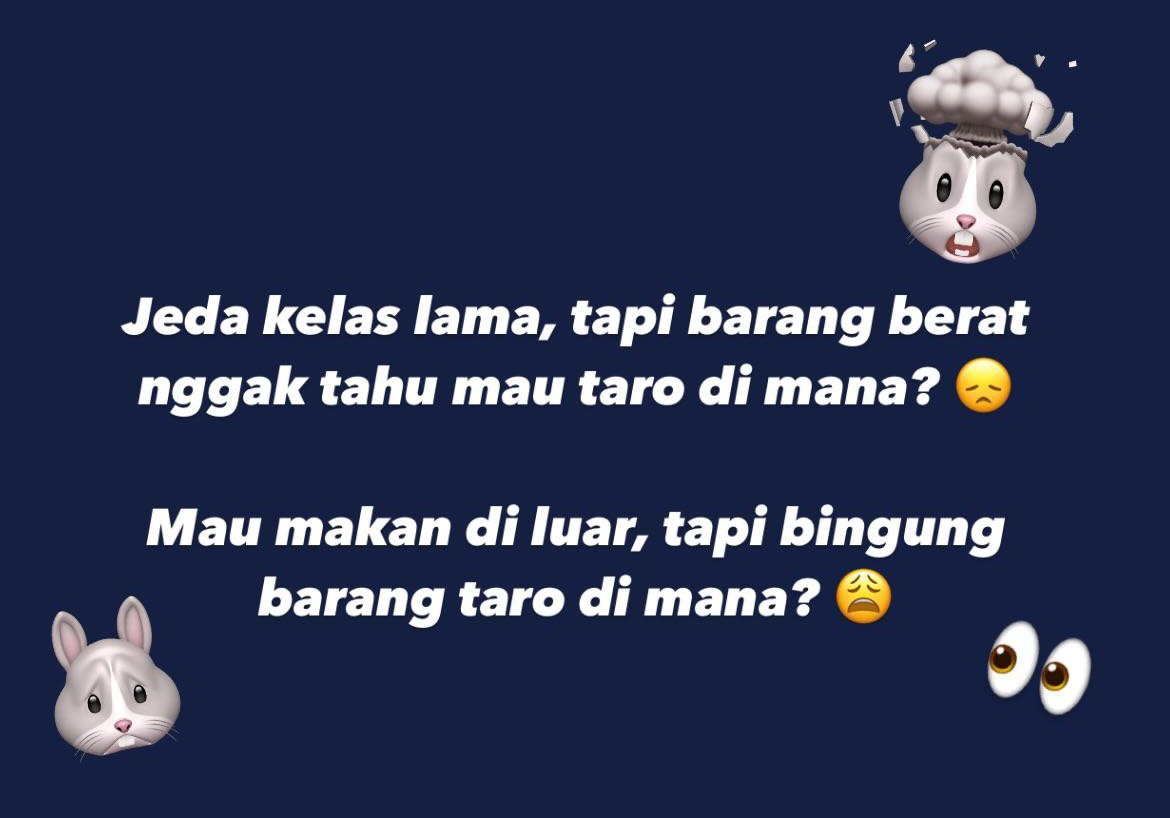 jjunichirro's tweet photo. Pernah ga kalian bingung di kampus, jeda kelas lama trus mau ngemall dulu tapi barang bawaan melebihi berat ekspektasi orang tua? Gausa pusing lagi! Karena sekarang ada 💙 GEMBIS 💙 

Klo kepo, besok boleh mampir ke booth GEMBIS di Kampus Anggrek, Foodcourt meja 3 jam 9-12 yaa! https://t.co/KZrqFy0kgU